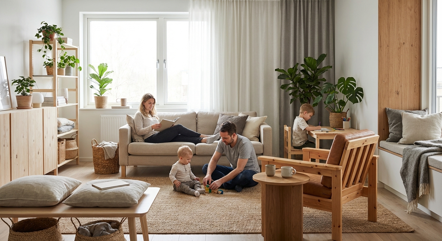 Уютная гостиная в скандинавском стиле со светлой мебелью из массива дерева, подчеркивающая использование сосны и березы в современном интерьере