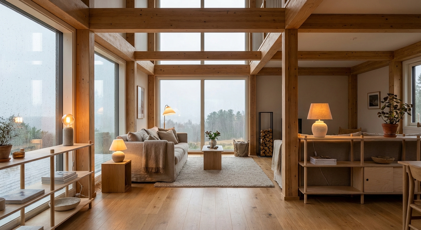 Modern Scandinavian-style living room with glulam load-bearing and interior structures