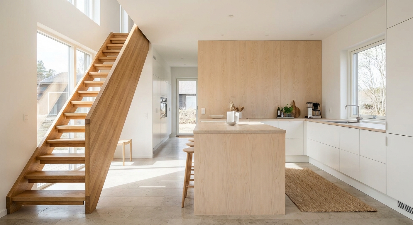 Modern Scandinavian-style interior featuring wooden stairs and kitchen countertops, illustrating the use of oak and birch glued laminated timber.