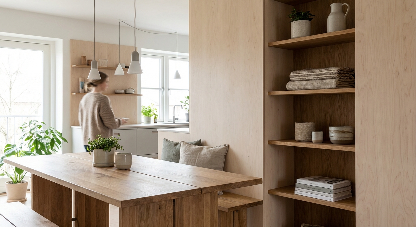 Bright modern Scandinavian-style kitchen and dining room with glue-laminated timber countertops and furniture